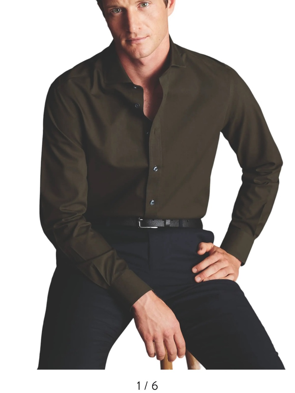 Charles Tyrwhitt Olive Green non-iron poplin cutaway slim Dress Shirt. 15 1/2